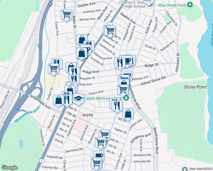 map of restaurants, bars, coffee shops, grocery stores, and more near in Providence