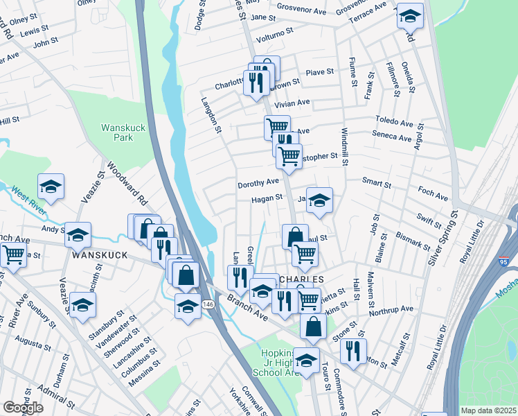 map of restaurants, bars, coffee shops, grocery stores, and more near 23 Mendon Street in Providence