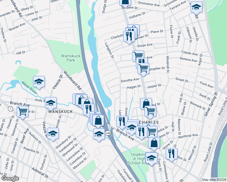 map of restaurants, bars, coffee shops, grocery stores, and more near 36 Newbury Street in Providence
