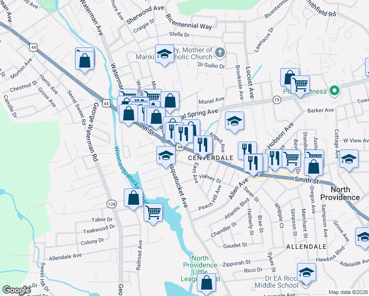 map of restaurants, bars, coffee shops, grocery stores, and more near 1934 Smith Street in North Providence