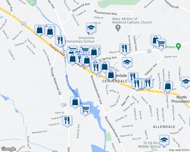 map of restaurants, bars, coffee shops, grocery stores, and more near 645 Woonasquatucket Avenue in North Providence