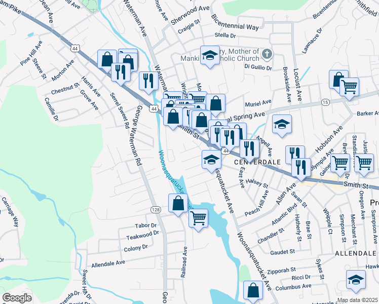 map of restaurants, bars, coffee shops, grocery stores, and more near 24 Grover Street in North Providence