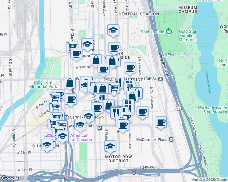 map of restaurants, bars, coffee shops, grocery stores, and more near 1925 Michigan Avenue in Chicago