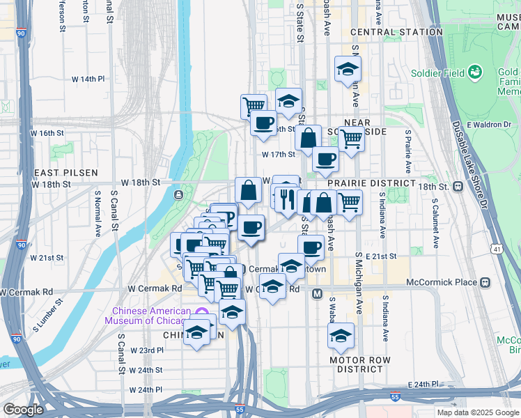 map of restaurants, bars, coffee shops, grocery stores, and more near 1911a South Clark Street in Chicago