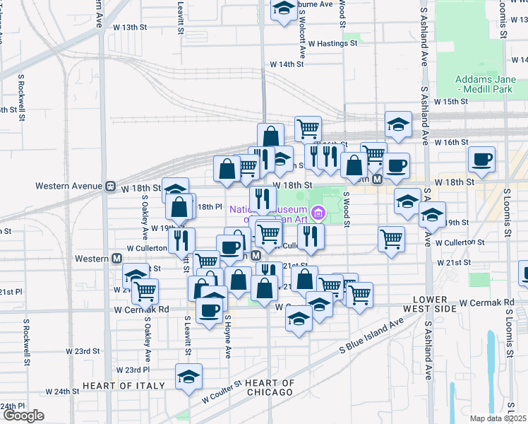 map of restaurants, bars, coffee shops, grocery stores, and more near 2012 West 19th Street in Chicago