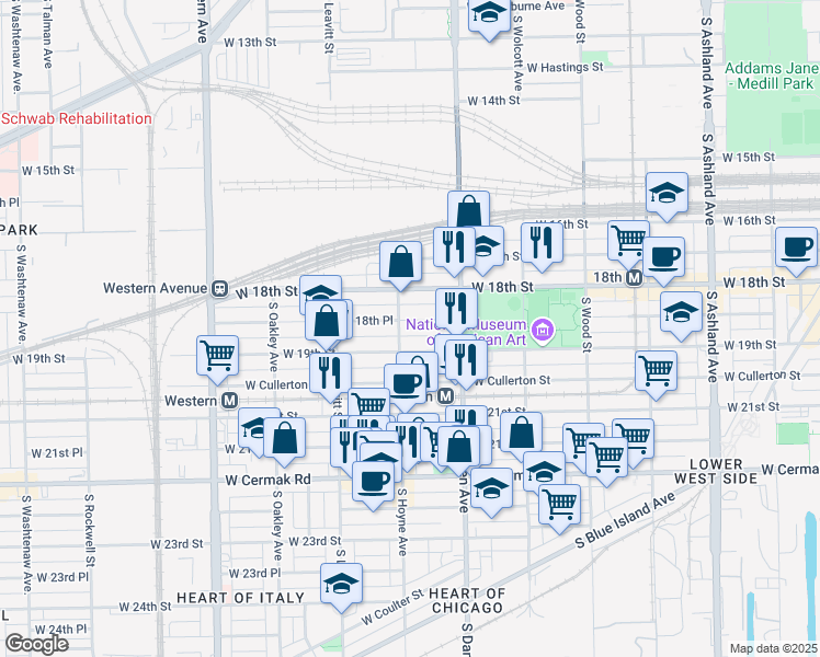 map of restaurants, bars, coffee shops, grocery stores, and more near 2054 West 19th Street in Chicago