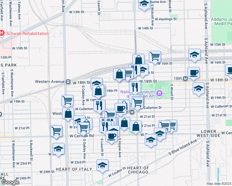 map of restaurants, bars, coffee shops, grocery stores, and more near 2126 West 19th Street in Chicago