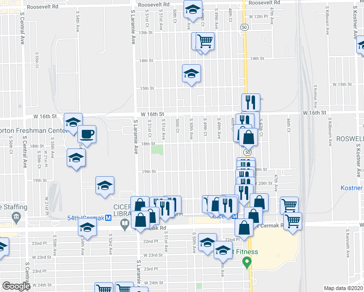 map of restaurants, bars, coffee shops, grocery stores, and more near 1815 50th Court in Cicero