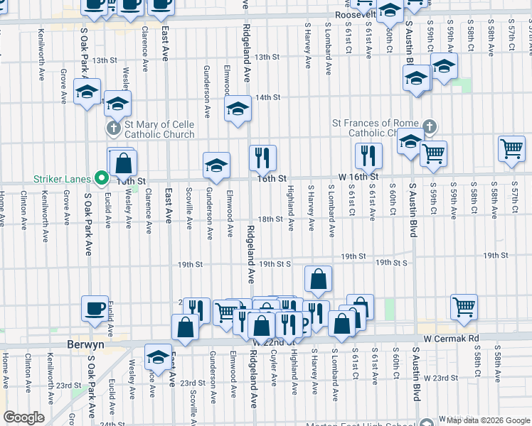 map of restaurants, bars, coffee shops, grocery stores, and more near 1800 Cuyler Avenue in Berwyn