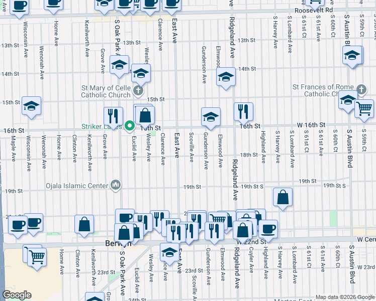 map of restaurants, bars, coffee shops, grocery stores, and more near 1800 Scoville Avenue in Berwyn