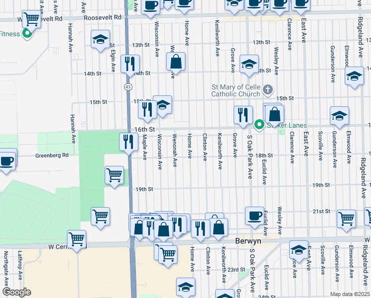 map of restaurants, bars, coffee shops, grocery stores, and more near 1645 Wenonah Avenue in Berwyn