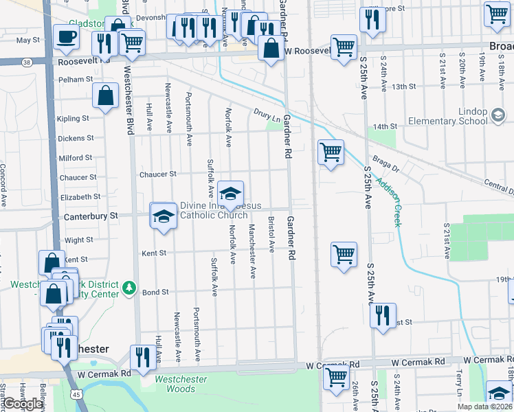 map of restaurants, bars, coffee shops, grocery stores, and more near 1606 Manchester Avenue in Westchester