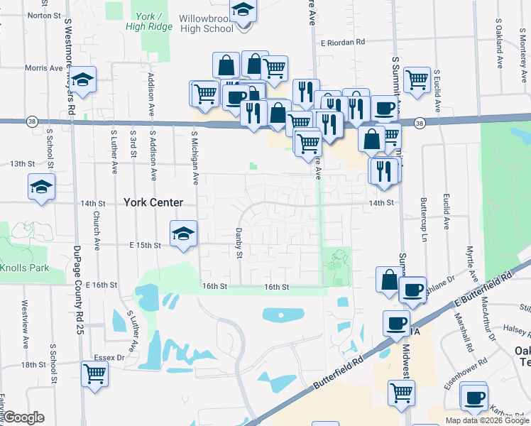map of restaurants, bars, coffee shops, grocery stores, and more near 1S244 Stratford Lane in Villa Park