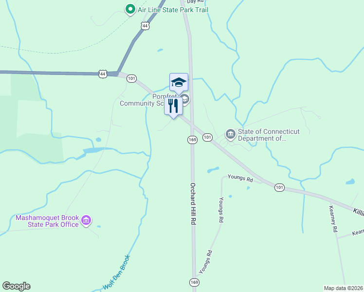 map of restaurants, bars, coffee shops, grocery stores, and more near 170 Orchard Hill Road in Pomfret
