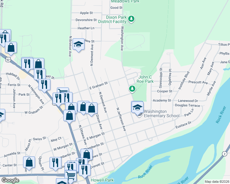 map of restaurants, bars, coffee shops, grocery stores, and more near 803 North Jefferson Avenue in Dixon