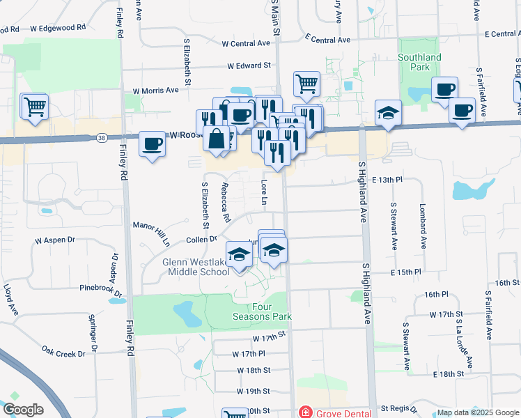 map of restaurants, bars, coffee shops, grocery stores, and more near 113 Collen Drive in Lombard