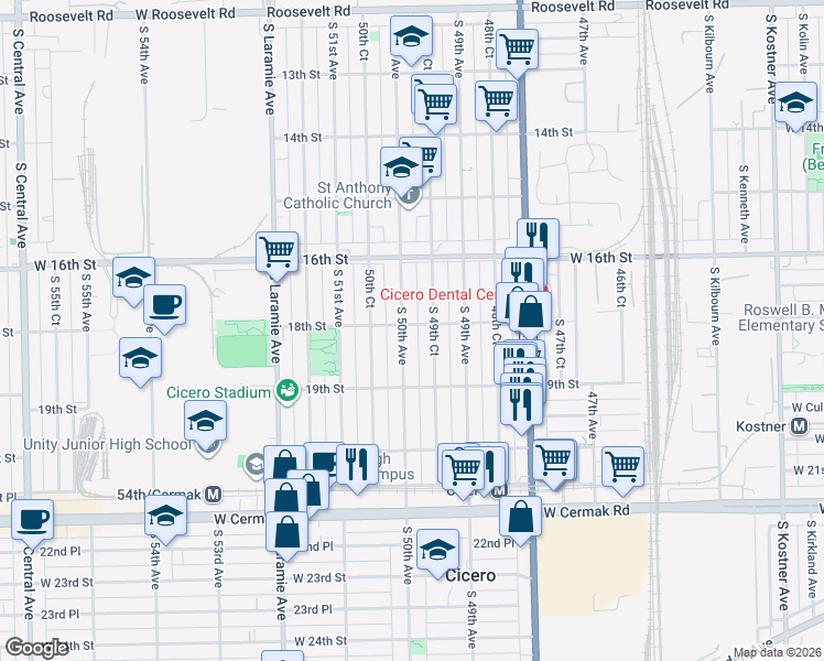 map of restaurants, bars, coffee shops, grocery stores, and more near 1801 South 50th Avenue in Cicero