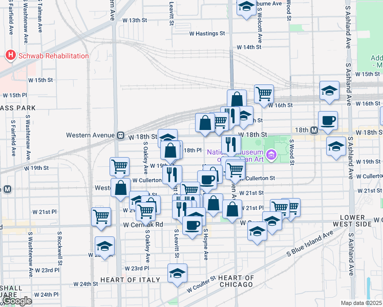 map of restaurants, bars, coffee shops, grocery stores, and more near 2125 West 18th Place in Chicago