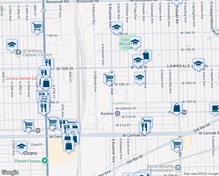 map of restaurants, bars, coffee shops, grocery stores, and more near 1800 South Kostner Avenue in Chicago