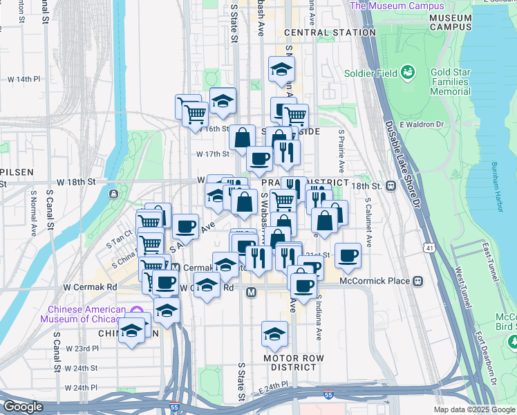 map of restaurants, bars, coffee shops, grocery stores, and more near 1918 South Wabash Avenue in Chicago