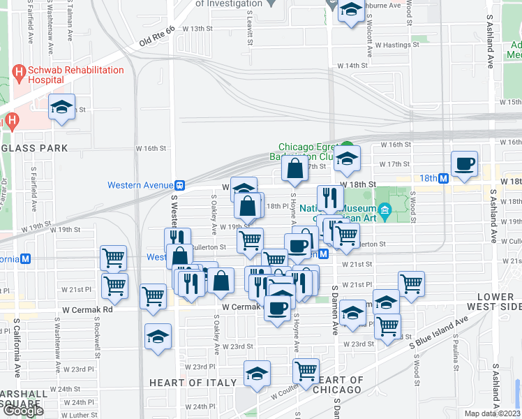 map of restaurants, bars, coffee shops, grocery stores, and more near 2151 West 18th Place in Chicago