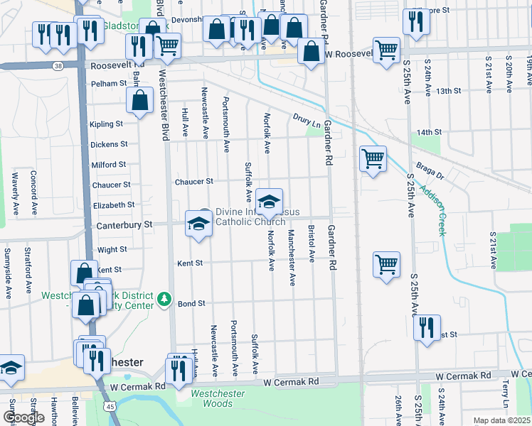 map of restaurants, bars, coffee shops, grocery stores, and more near 1552 Norfolk Avenue in Westchester