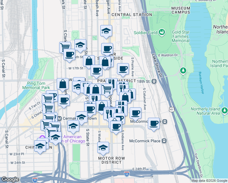 map of restaurants, bars, coffee shops, grocery stores, and more near 1845 South Michigan Avenue in Chicago