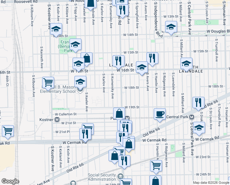 map of restaurants, bars, coffee shops, grocery stores, and more near 1811 South Komensky Avenue in Chicago