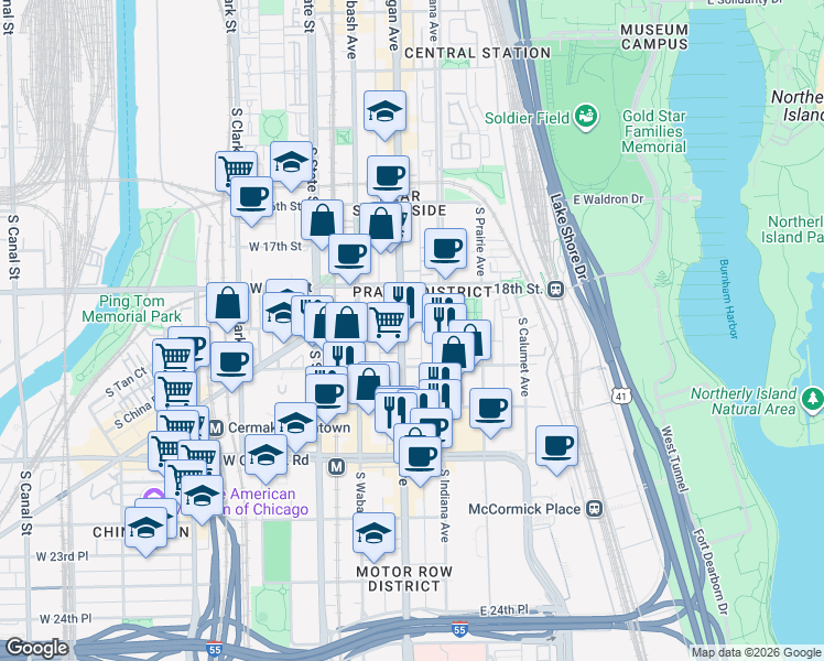 map of restaurants, bars, coffee shops, grocery stores, and more near 1845 South Michigan Avenue in Chicago