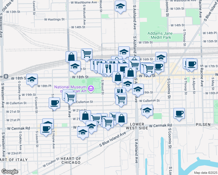 map of restaurants, bars, coffee shops, grocery stores, and more near 1748 West 19th Street in Chicago