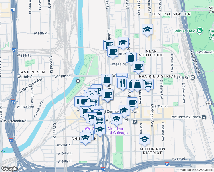 map of restaurants, bars, coffee shops, grocery stores, and more near 300 West 19th Street in Chicago