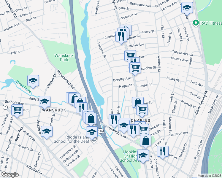 map of restaurants, bars, coffee shops, grocery stores, and more near 154 Langdon Street in Providence