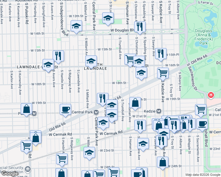 map of restaurants, bars, coffee shops, grocery stores, and more near 1818 South Saint Louis Avenue in Chicago