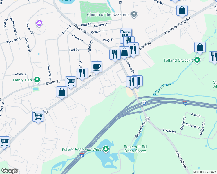 map of restaurants, bars, coffee shops, grocery stores, and more near 65 Green Road in Vernon