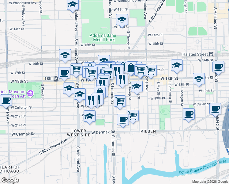 map of restaurants, bars, coffee shops, grocery stores, and more near 1845 South Loomis Street in Chicago