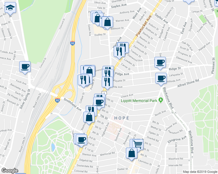 map of restaurants, bars, coffee shops, grocery stores, and more near 16 Greaton Drive in Providence