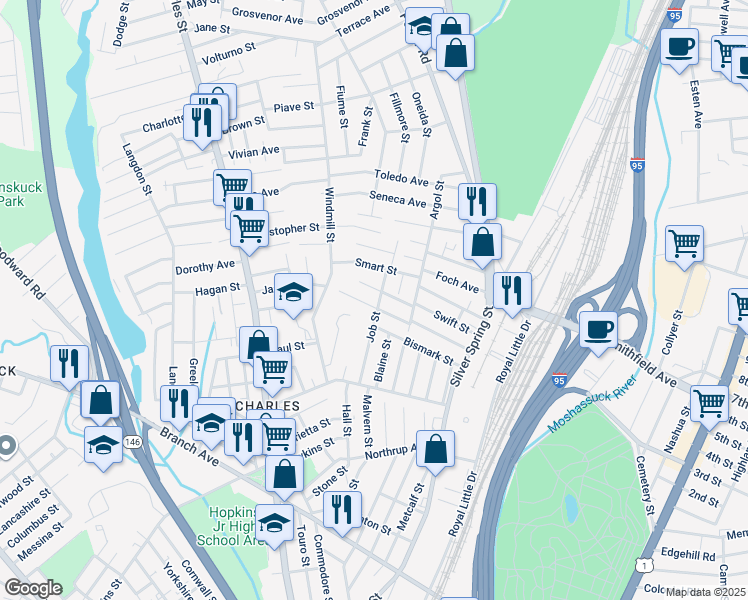 map of restaurants, bars, coffee shops, grocery stores, and more near 16 Linda Court in Providence