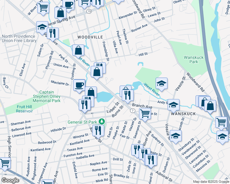 map of restaurants, bars, coffee shops, grocery stores, and more near 1081 Douglas Avenue in Providence