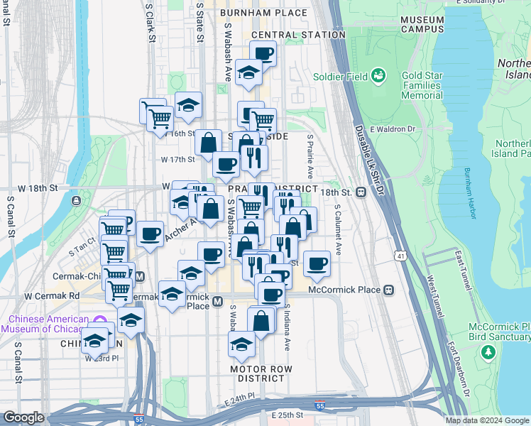 map of restaurants, bars, coffee shops, grocery stores, and more near 1925 Michigan Avenue in Chicago