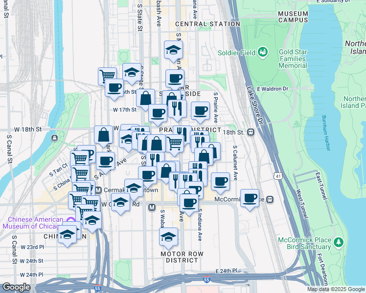 map of restaurants, bars, coffee shops, grocery stores, and more near 1925 Michigan Avenue in Chicago