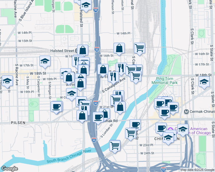 map of restaurants, bars, coffee shops, grocery stores, and more near 1949 South Canalport Avenue in Chicago