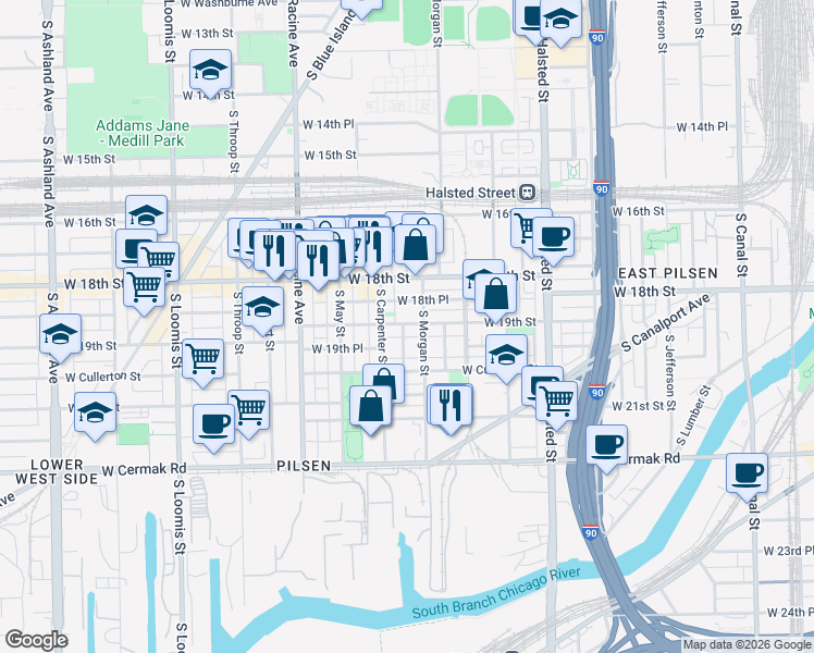 map of restaurants, bars, coffee shops, grocery stores, and more near in Chicago