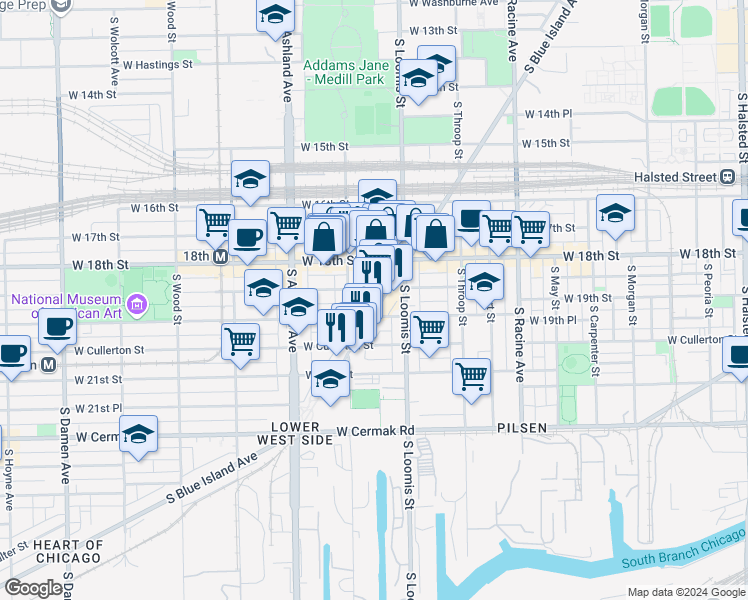 map of restaurants, bars, coffee shops, grocery stores, and more near 1900 South Blue Island Avenue in Chicago