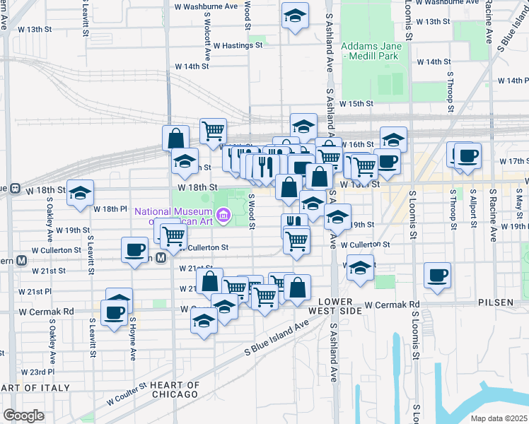 map of restaurants, bars, coffee shops, grocery stores, and more near 1748 West 19th Street in Chicago