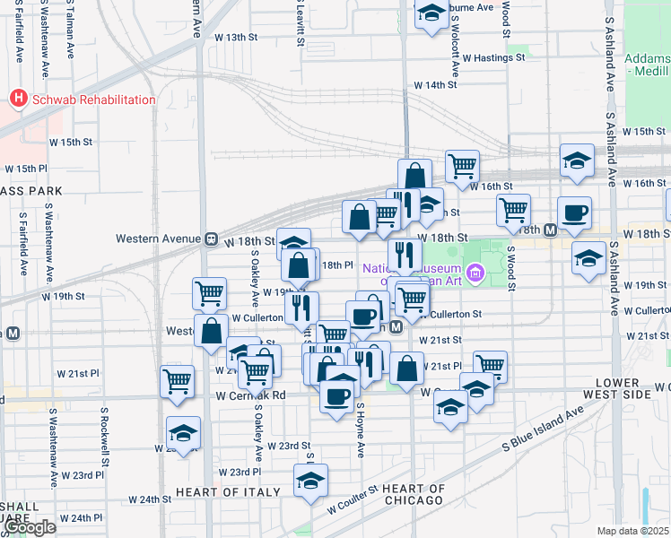 map of restaurants, bars, coffee shops, grocery stores, and more near 2126 West 19th Street in Chicago