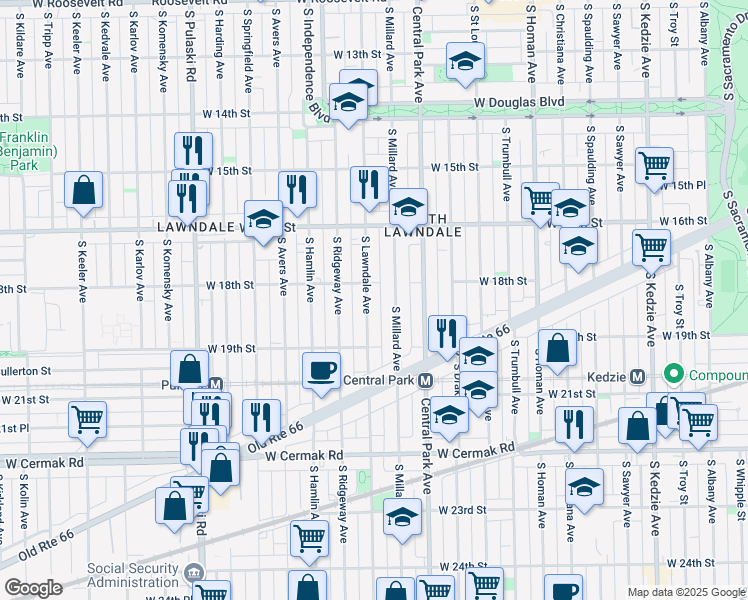 map of restaurants, bars, coffee shops, grocery stores, and more near 1837 South Lawndale Avenue in Chicago