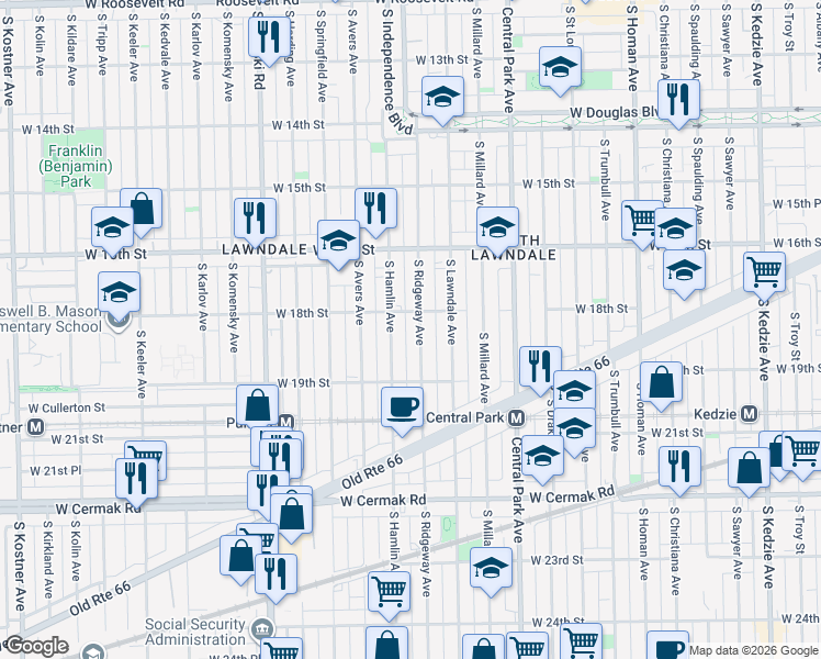 map of restaurants, bars, coffee shops, grocery stores, and more near 1837 South Ridgeway Avenue in Chicago