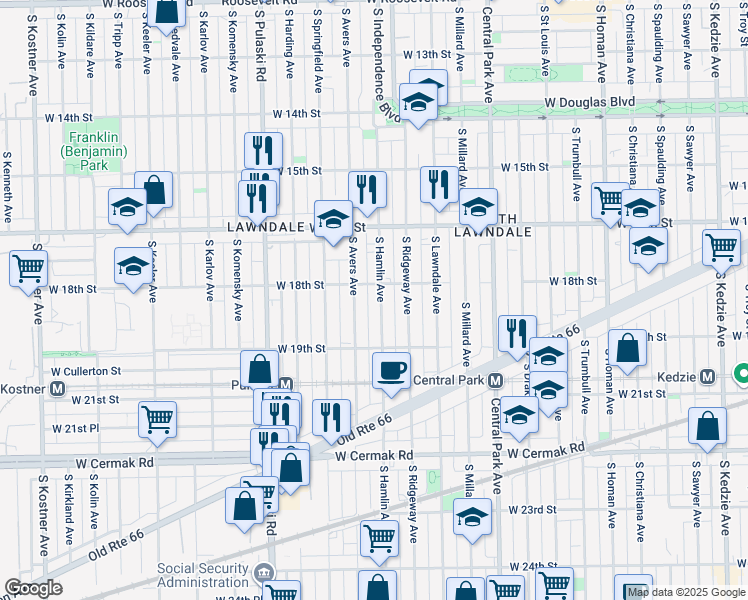 map of restaurants, bars, coffee shops, grocery stores, and more near 1838 South Hamlin Avenue in Chicago