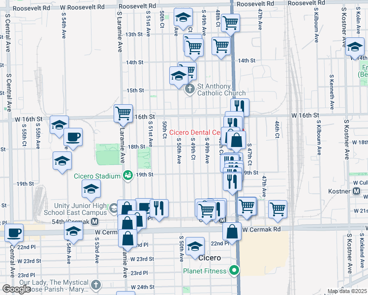 map of restaurants, bars, coffee shops, grocery stores, and more near 1801 South 50th Avenue in Cicero