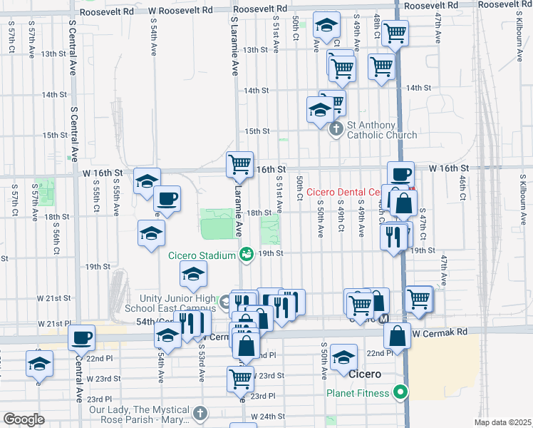 map of restaurants, bars, coffee shops, grocery stores, and more near 1812 South 51st Court in Cicero